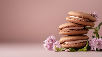 A beautifully arranged stack of chocolate cookies complemented by delicate lavender flowers, representing indulgence and the delightful aesthetics of culinary art.