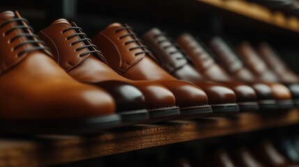 A collection of meticulously designed brown shoes lined up neatly on a display rack, representing elegance and style while catering to diverse fashion preferences in footwear.