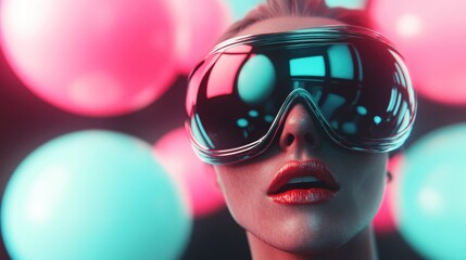 A striking futuristic model dons stylish reflective glasses against a backdrop of vibrant neon lights, showcasing a blend of modernity and artistic expression in visual aesthetics.