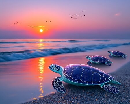 Sea turtles at sunrise
