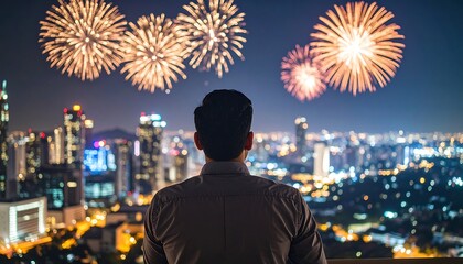 Man watching fireworks with city skyline.