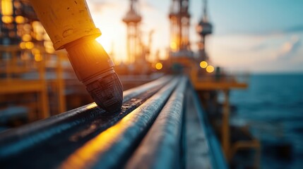 A close-up view of an oil rig against a stunning backdrop of water and evening light, illustrating both the industrial power and the beauty of nature intertwined.