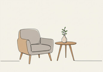 Fototapeta premium A minimalist illustration of an armchair and side table with a vase and plant on a light background
