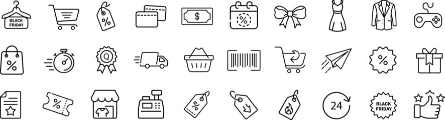 Black Friday, outline icons set. Sale Day. Big discount and gift for customers. Savings on shopping, marketing.