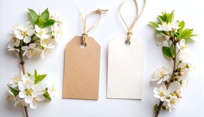 Blank tags with spring flowers, and white background.