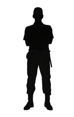 Shadowed Guard: A stoic silhouette of a guard, arms crossed, stands resolute, personifying vigilance and readiness. The high-contrast image embodies both authority and a sense of duty.