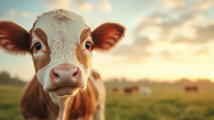 A close-up of a curious young calf standing in a lush green pasture at sunset, showcasing its adorable features and the tranquil beauty of farm life in nature.