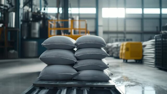 A stacked of cement bags at construction site, Construction site with stacked bags of cement and machinery for material processing awaiting use at construction site	
