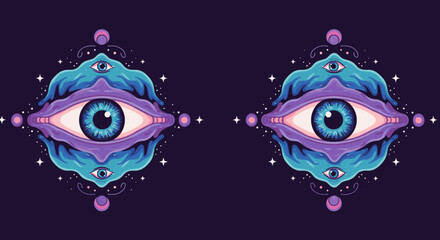 Psychedelic eye banner illustration for advertising campaigns and spiritual event promotions