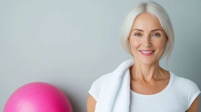 An active, fit senior woman smiles warmly after a workout, showcasing a positive attitude towards health and fitness, inspiring others to embrace wellness at any age.