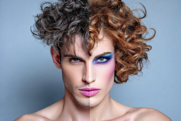 Striking Androgynous Portrait Showing Gender Fluidity with Expressive Makeup for LGBTQ+ Pride