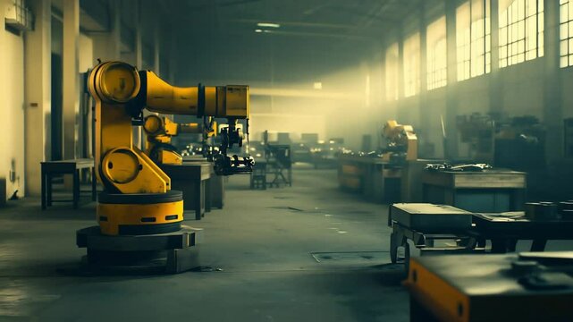An old factory of worn out futuristic robot, Old machine, Robot arm machinery in abandoned old factory, Slung derelict forsaken outcast	