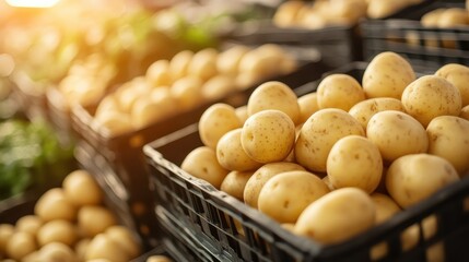 A stunning display of fresh, earthy potatoes arranged in crates, highlighting their natural texture and quality, ready to be harvested and delivered to eager customers.
