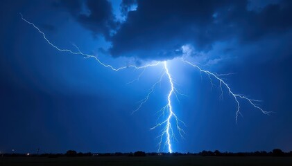 Electric blue lightning bolt streaks across a night sky , heavenly, discharge