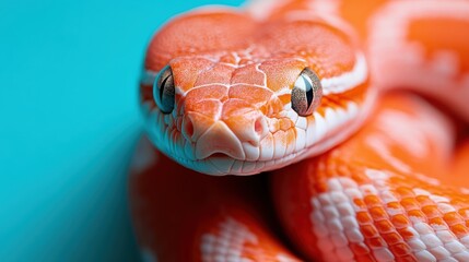 A close-up view of a vibrant orange snake coiled elegantly against a turquoise background, highlighting the striking colors and textures of the reptile.
