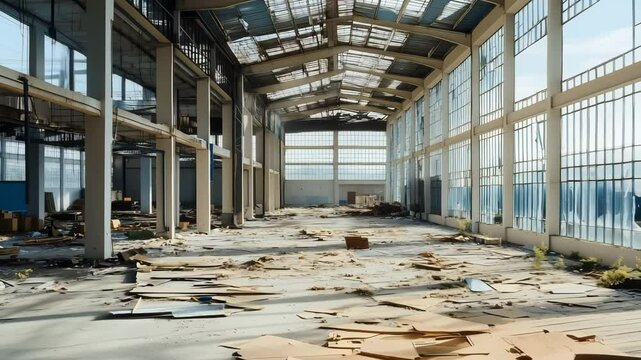An old factory with glass windows roof are all broken, Broken windows in abandoned industrial building	

