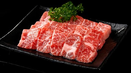 Premium Wagyu Beef Slices on a Black Plate with Green Garnish