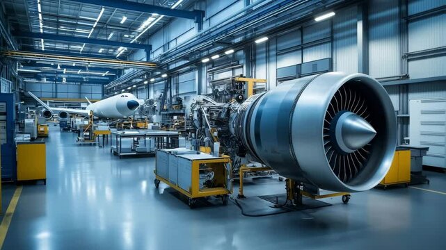 An aerospace manufacturing plant with aircraft parts, Aerospace technology development with large airline turbine engine components, advanced design and technology in aerospace engineering