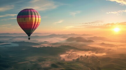 Fototapeta premium A photorealistic hot air balloon floating over a scenic landscape at sunrise, colorful balloon fabric, clear sky,
