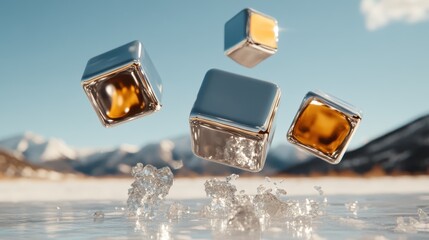 These metallic ice cubes appear to hover above a glistening surface, creating a captivating visual that symbolizes coolness, clarity, and the thrill of nature's elements.