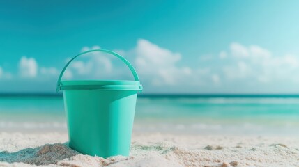 A vibrant turquoise bucket stands on a sandy beach, symbolizing childhood joy and outdoor fun, inviting memories of playful days spent at the shore with the ocean in view.