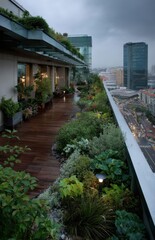 Obraz premium Beautiful green rooftop garden with wet wooden floor after rain