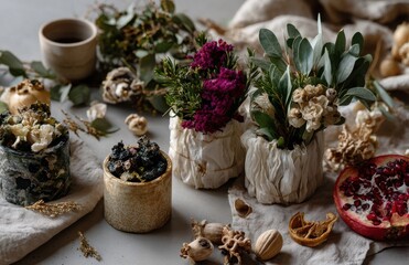 Florist arranging dried flowers and plants in rustic handmade vases
