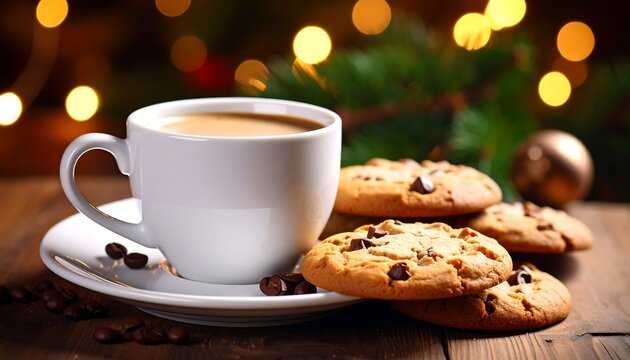 Coffee with cookies, and Christmas lights.