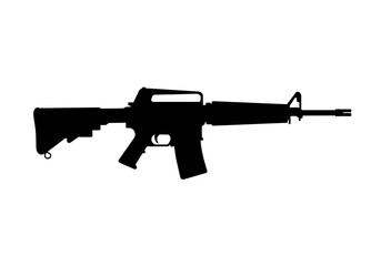Isolated silhouette of an ar fifteen style rifle on a plain white background in a studio shot