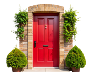 Modern Red Front Door with Ivy and Brick Wall Elements Isolated PNG