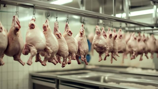 A batch of hog carcasses hanging on metal hooks. Production of meat in a shop rack. Meat production	