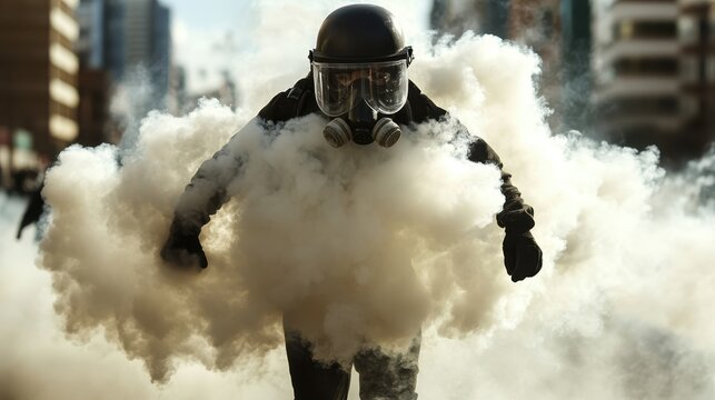 A lone protester stands engulfed in a thick cloud of smoke, wearing a gas mask, representing the intensity of civil unrest and the fight for justice in urban environments.