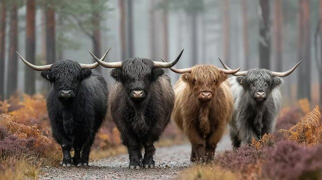 Highland Cattle Quartet Walking Misty Forest Path