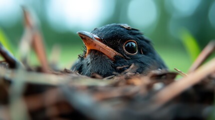 This intimate close-up captures a fledgling bird peeking out from its nest, showcasing its innocent curiosity and vulnerability in a natural setting filled with lush greenery.