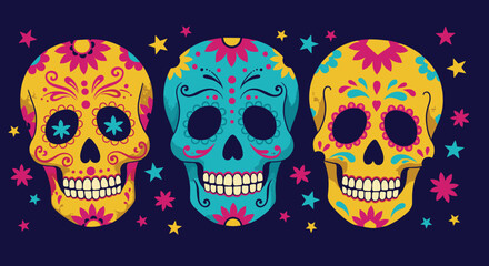Colorful sugar skulls with floral patterns on dark background  for Day of the Dead celebrations and holiday decor