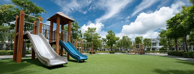Colorful playground with slides and climbing frames invites children to play in vibrant outdoor park surrounded by trees and green grass