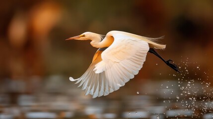 A majestic bird in mid-flight above shimmering waters, capturing the elegance of nature's grace, freedom, and beauty, contrasted by the warm colors of its environment.
