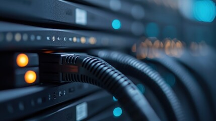 A detailed view of a high-tech server room with neatly arranged networking cables, showcasing modern technology's fundamental role in digital communication and data management.