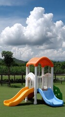 Brightly colored playground featuring slides and climbing structures sits on lush green grass, ready for children's play in a sunny outdoor space.