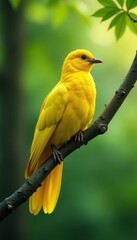 A bright yellow shuttlecock caught high in a tree branch , obstacle, accident