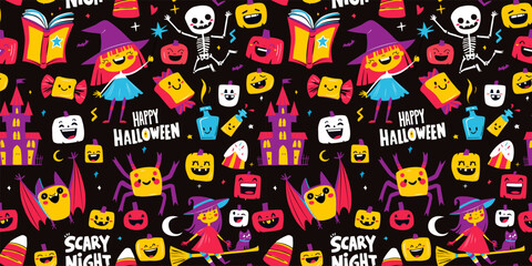 Halloween Night Pattern for Kids Happy Pumpkins, Spiders, Magic and Smiling Witch