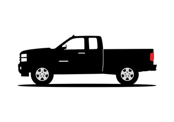 Side view of a black pickup truck with a red taillight on a white background illustration
