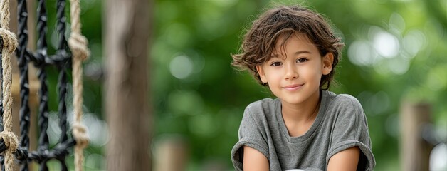 Joyful mixed-race boy sits on a swing in the park, smiling brightly while playing with his mother amidst the vibrant playground backdrop on a sunny day.