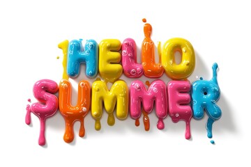 lossy multicolored 3d “Hello Summer” text with melting drip effect on white background. Concept of playful summer advertisement, typography art, and vibrant seasonal design.