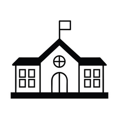 Simple Black and White Line Art Illustration of a School Building with a Flag on Top