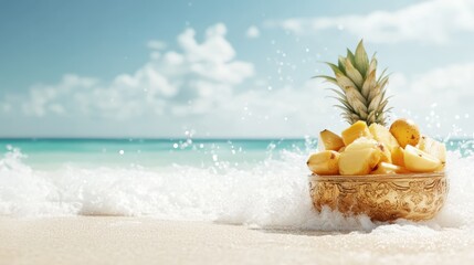 A golden bowl filled with fresh pineapple chunks sits on a sunlit beach, with gentle waves crashing in the background, capturing a summer paradise atmosphere.