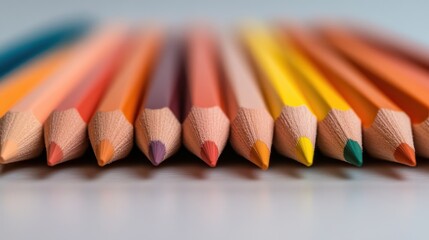 An array of vibrant colored pencils are neatly aligned, showcasing a beautiful gradient of colors perfect for artists and creative projects, inviting inspiration.