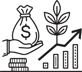 Financial Growth: A depiction of a hand holding a money bag, accompanied by a growing plant and a rising graph, symbolizes financial investment and success.
