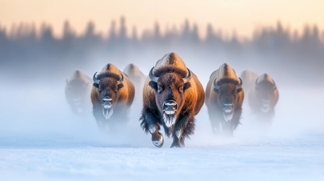 A powerful image capturing a herd of bison charging through a snowy landscape, symbolizing strength, resilience, and the untamed beauty of nature's wilderness.