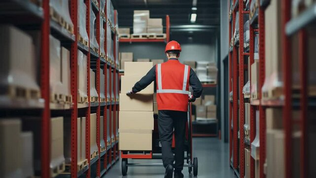 A warehouse worker in uniform pushing a trolley with boxes in modern warehouse is the central hub. Logistics and distribution operations